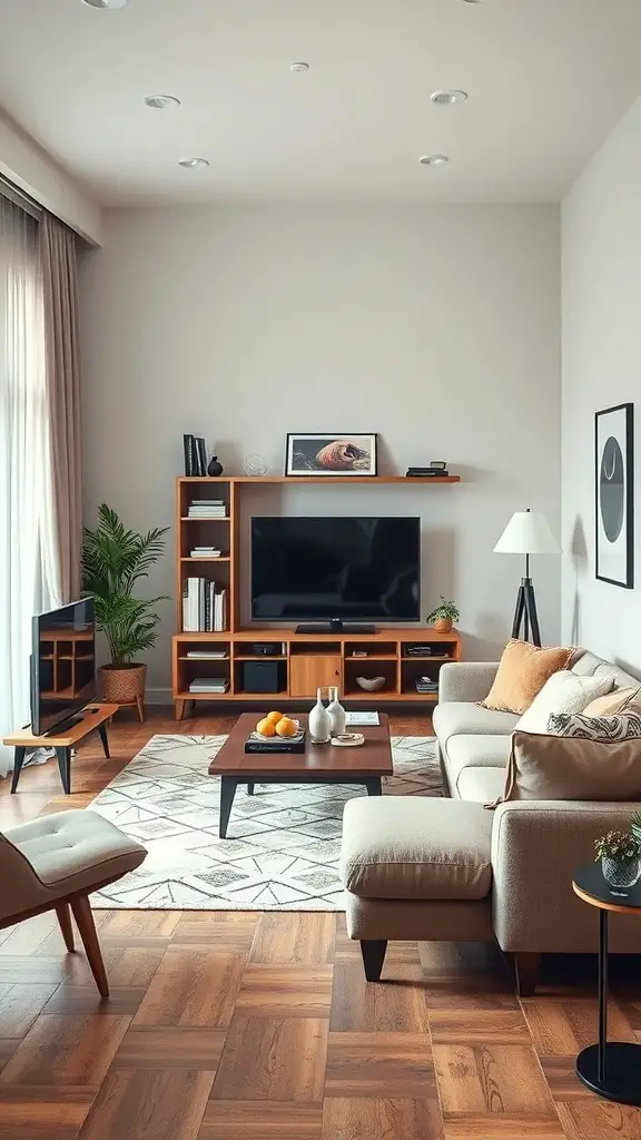 A stylish warehouse living room featuring a cozy sofa, wooden shelving, and a coffee table.