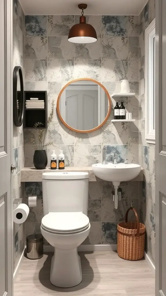27+ Stunning Statement Powder Room Ideas to Transform Your Space 12 A stylish small powder room featuring a toilet, sink, and wall-mounted shelves with decorative items.