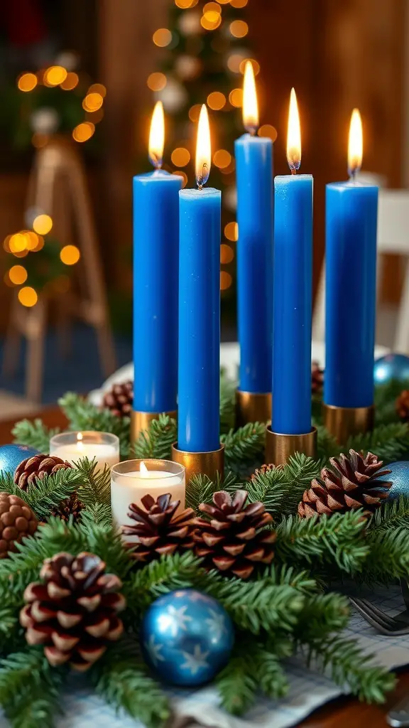 37+ Stunning Blue Christmas Decor Ideas for a Festive Winter Wonderland 18 Cobalt blue candle arrangement with pine cones and ornaments
