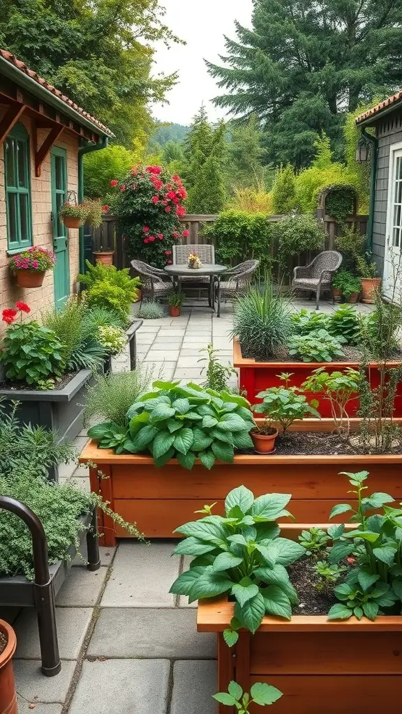 A cozy cottage patio garden featuring raised garden beds filled with various plants and flowers.