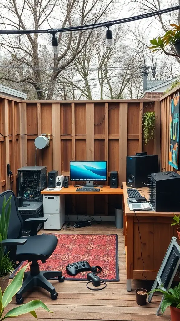 A backyard office setup featuring a computer, speakers, and plants, surrounded by wooden walls.