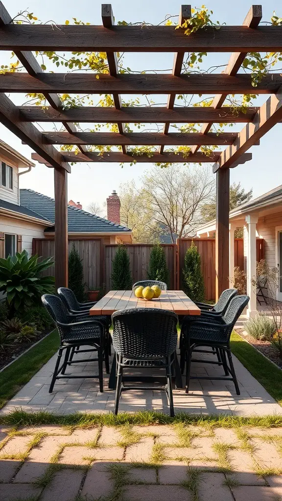 Outdoor dining area with a wooden table and chairs under a pergola, surrounded by greenery.