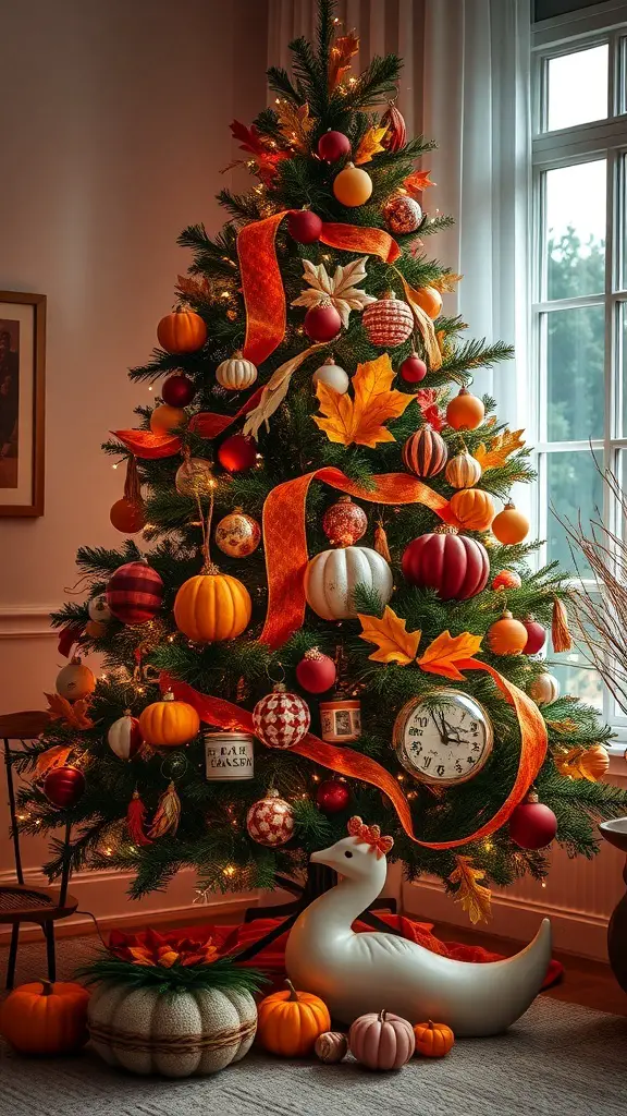 A beautifully decorated Thanksgiving Tree with pumpkins and autumn leaves.
