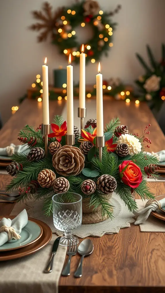 33+ Festive Christmas Party Decor Ideas to Elevate Your Holiday Celebration 12 A festive Christmas table centerpiece featuring candles, pinecones, and roses.