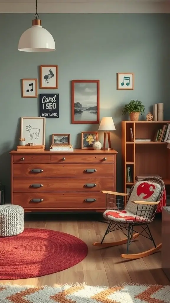 37+ Vintage Kids Room Ideas to Inspire Your Decor 9 A vintage kids' room featuring a wooden dresser, a rocking chair, and colorful wall art.