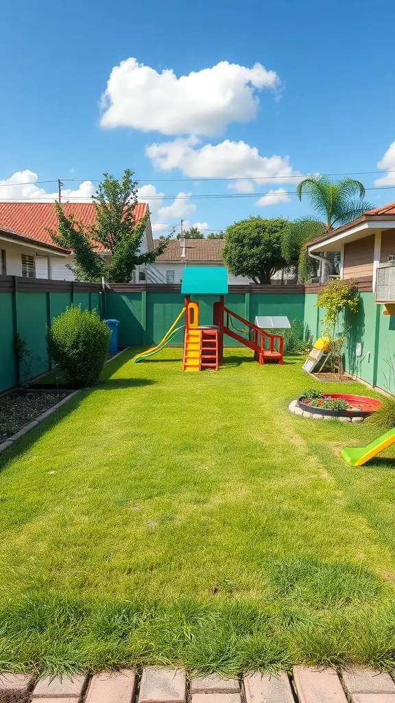 23+ Stunning Rectangular Backyard Design Ideas You’ll Love 3 A rectangular backyard with a playset, slide, and grassy area.