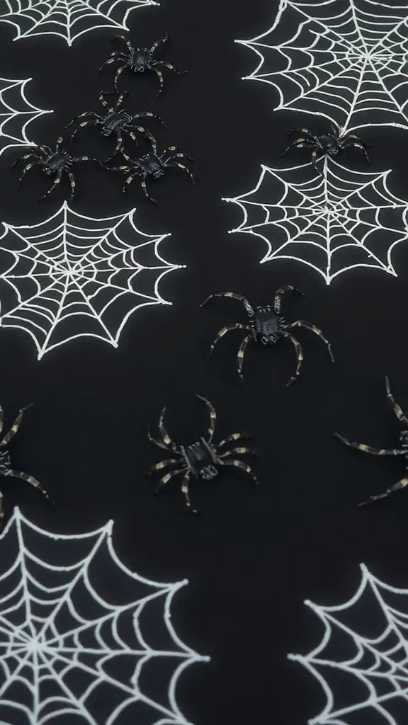 A black tablecloth with white spider webs and plastic spiders scattered across it.