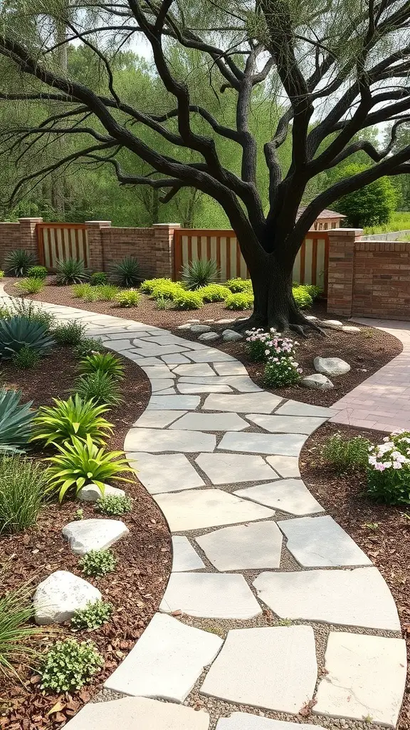 A natural stone pathway winding through a landscaped garden with flowers and greenery.