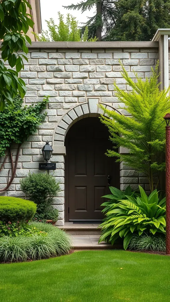 A classic stone wall with an arched entryway surrounded by lush greenery.