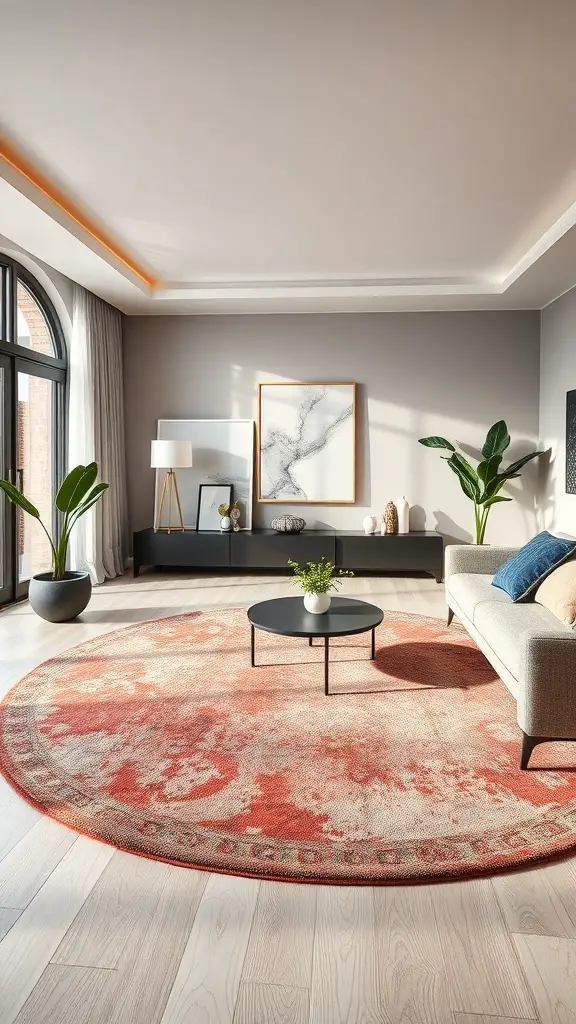 A stylish living room featuring a round rug with warm tones, a coffee table, and plants.