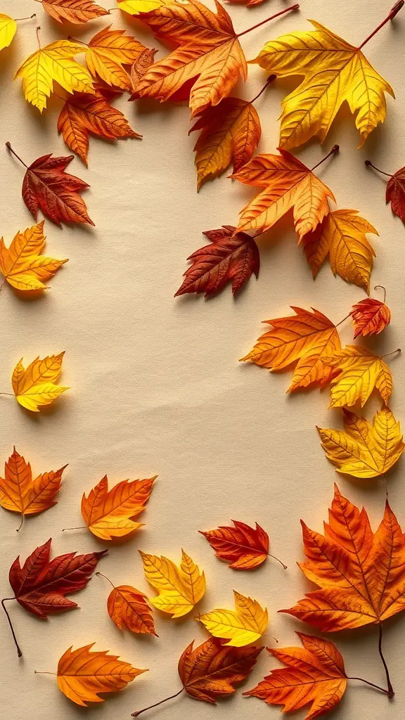 A variety of colorful autumn leaves arranged on a light background.
