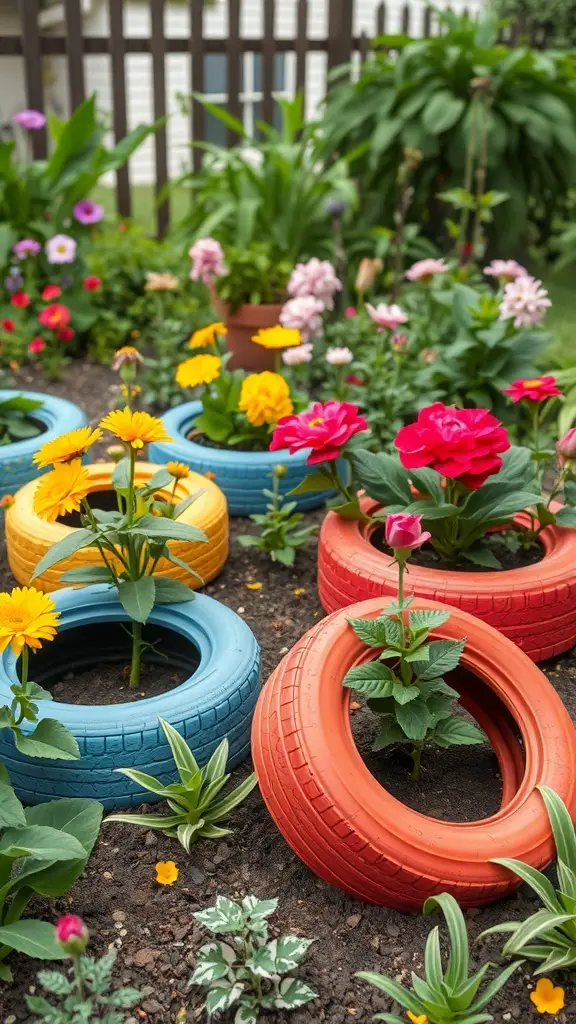 21+ Budget-Friendly Garden Ideas to Transform Your Outdoor Space 12 Colorful repurposed tires used as plant holders in a garden