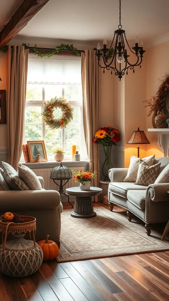 23+ Cozy English Cottage Living Room Ideas for a Warm Home Aesthetic 21 Cozy English cottage living room decorated for autumn with a wreath, flowers, and pumpkins.