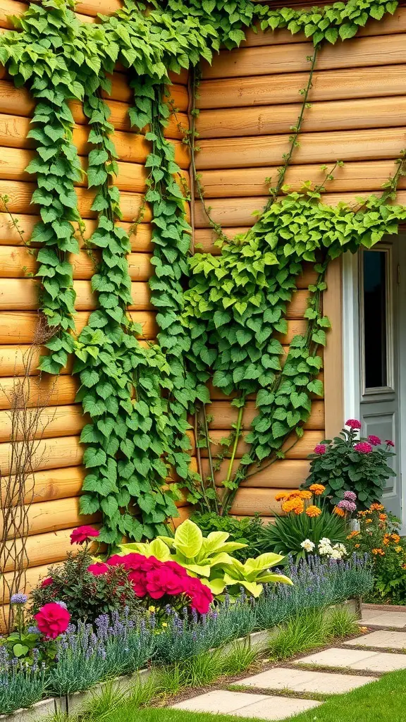 A natural timber wall covered with climbing vines and colorful flowers in a garden.