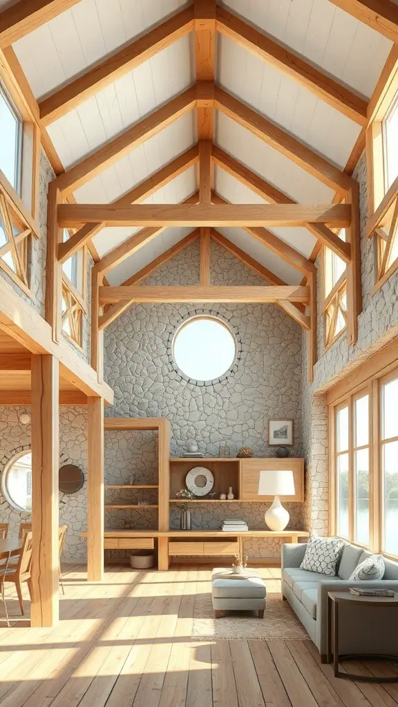 29+ Stunning Beach House Decor Ideas You'll Love 10 A spacious beach house interior featuring wooden beams, stone walls, and large windows.