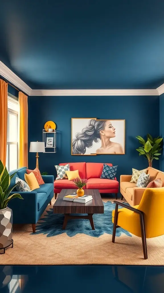 29+ Stunning Navy Blue Living Room Ideas to Transform Your Space 19 A navy blue living room with bright red, yellow, and orange furniture, featuring a large artwork and plants.