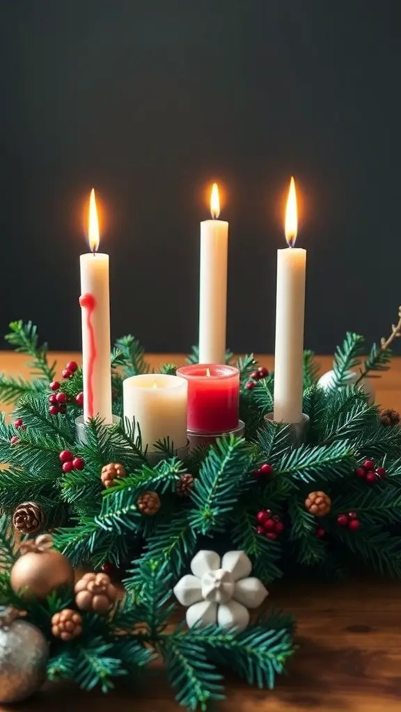 31+ Creative Christmas Centerpieces for Your Holiday Table 18 An Advent wreath with four candles surrounded by greenery and festive decorations.