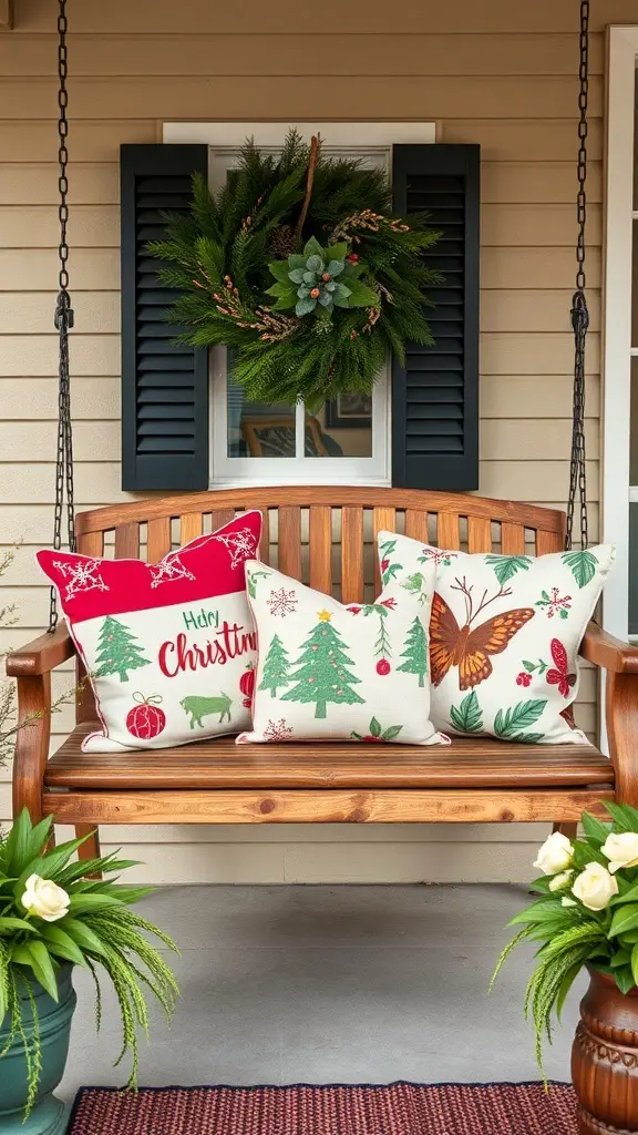 23+ Festive Front Porch Christmas Decor Ideas You’ll Love 12 A wooden bench with colorful holiday-themed throw pillows, a wreath on the window, and potted plants.