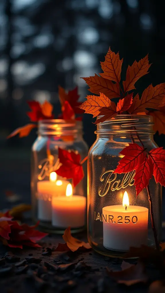 Mason jar lanterns with candles and autumn leaves