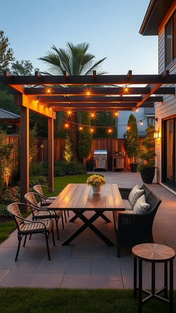 23+ Stunning Rectangular Backyard Design Ideas You’ll Love 5 Stylish outdoor dining area with a pergola, table, and chairs