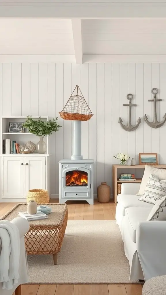 31+ Inspiring Wood Burning Stove Living Room Ideas 10 Cozy living room featuring a white wood-burning stove, light wood floors, and nautical decor.
