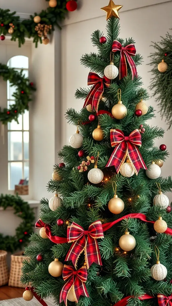 23+ Vintage Christmas Tree Ideas for a Festive Holiday Look 19 A vintage Christmas tree decorated with golden ornaments and red plaid ribbons in a cozy room.