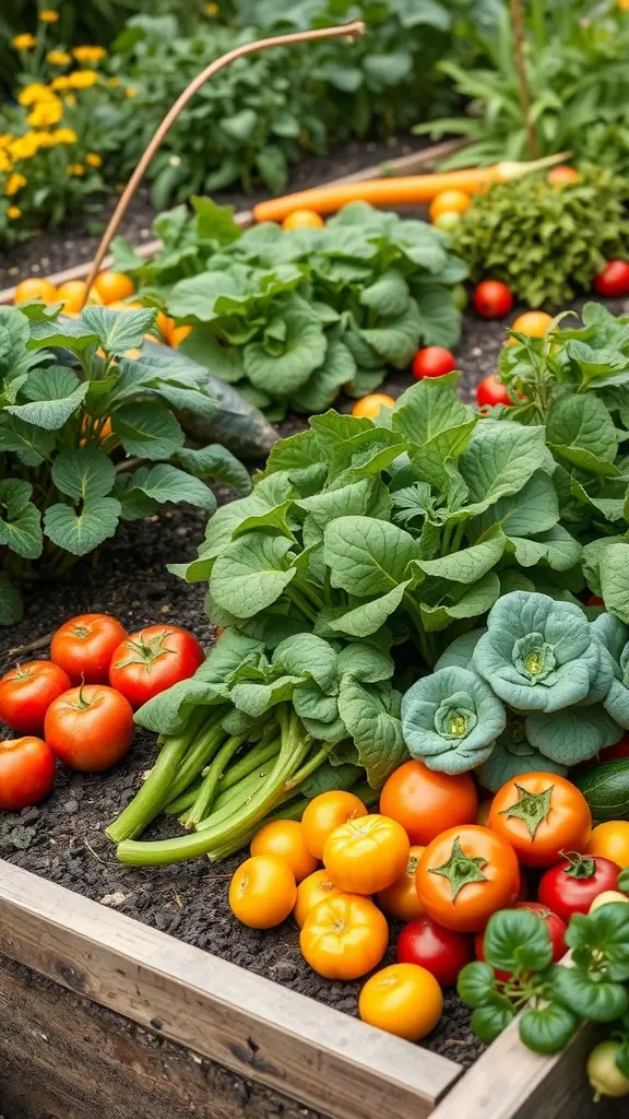 A vibrant garden bed filled with various edible plants including tomatoes, spinach, and other vegetables.