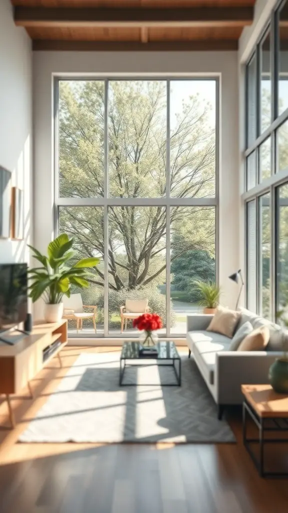 A warm earthy living room with large windows showcasing a tree outside, featuring plants and cozy furniture.