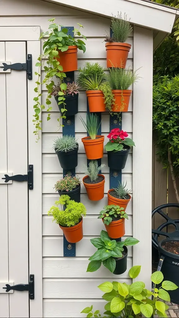 21+ Stunning Shed Landscaping Ideas to Transform Your Garden 5 Vertical garden with various plants in pots attached to a shed wall.
