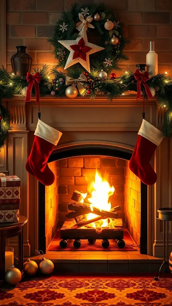 A cozy Christmas living room featuring a fireplace with stockings, a festive wreath, and holiday decorations.