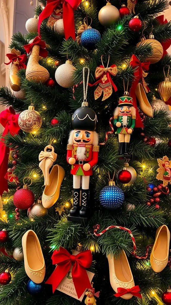 27+ Stunning Christmas Tree Décor Ideas You’ll Love 11 A beautifully decorated Christmas tree featuring nutcracker ornaments, ballet slippers, and festive ribbons.