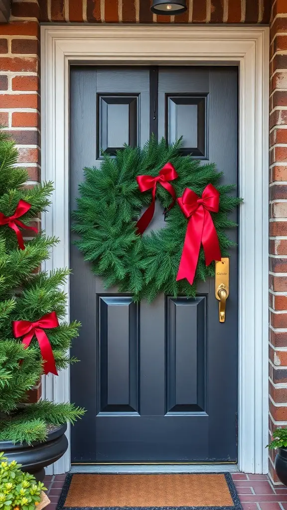 A decorative green wreath with red ribbons on a dark door, surrounded by potted plants.