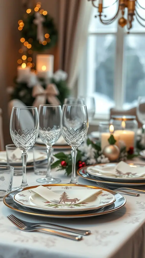 Elegant winter table setting with crystal glassware and decorative plates.