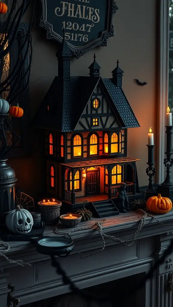 27+ Spook-tacular Halloween Mantel Decor Ideas with 15 Must-Have Items 14 A haunted house decor piece with glowing windows, surrounded by pumpkins and candles on a mantel.
