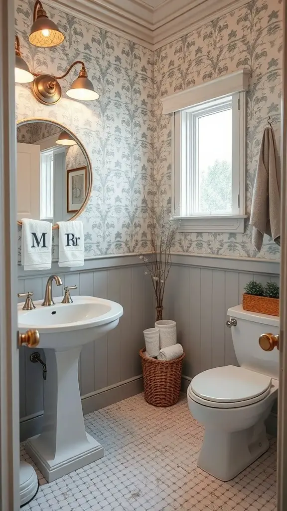 27+ Stunning Statement Powder Room Ideas to Transform Your Space 21 A stylish powder room featuring elegant light fixtures, patterned wallpaper, and decorative accessories.