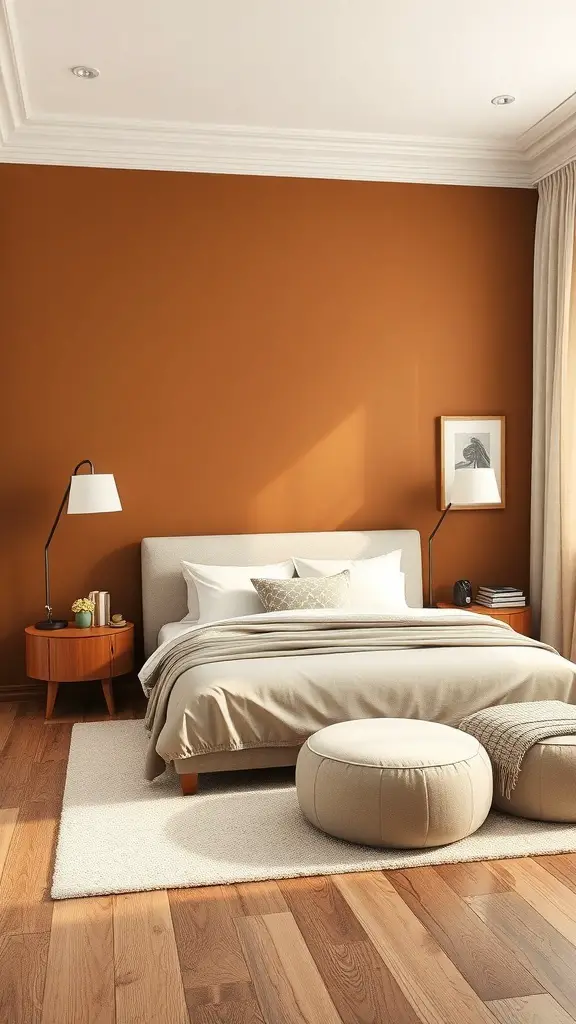 31+ Inspiring Brown and Cream Bedroom Decor Ideas 4 A cozy bedroom featuring a brown accent wall, cream bedding, and wooden furniture.