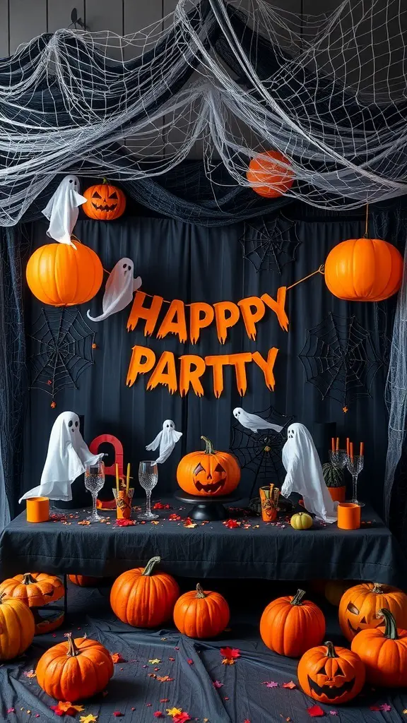 Spooky themed decorations for a kids Halloween party with pumpkins, ghosts, and a happy party banner.