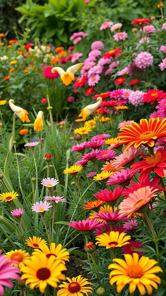 A colorful garden filled with various flowers in shades of yellow, orange, pink, and purple.