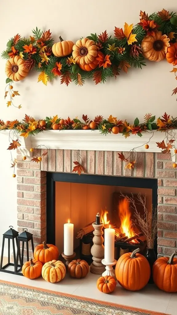 A cozy fireplace decorated with a fall garland featuring pumpkins and colorful leaves.