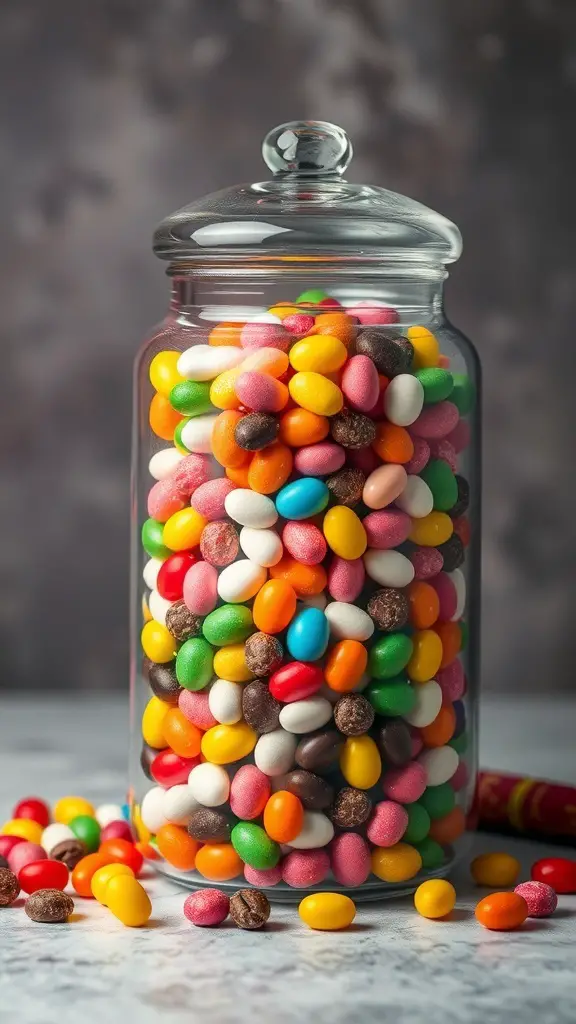 A glass jar filled with colorful candies, showcasing layers of different colors and types.