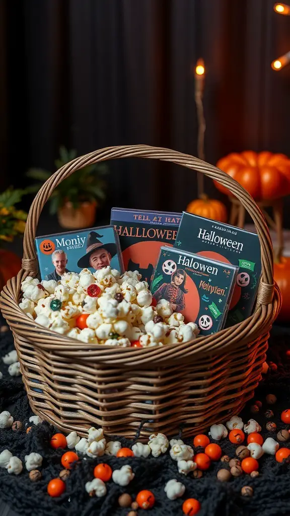 27+ Creative Boo Basket Ideas for a Spooktacular Surprise 9 A wicker basket filled with popcorn and Halloween movie DVDs, surrounded by festive decorations.