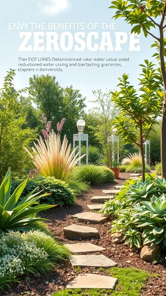 A beautiful zeroscaped backyard featuring a stone pathway, diverse plants, and a serene atmosphere.