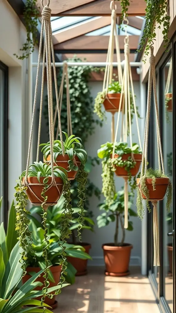 27+ Inspiring Atrium Garden Ideas to Transform Your Space 8 An atrium garden featuring hanging planters with various plants in macramé hangers.