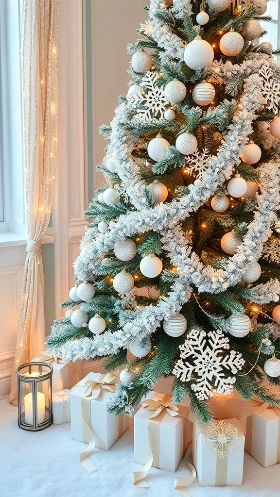 A beautifully decorated Christmas tree with white and silver ornaments, snowflakes, and wrapped gifts underneath.