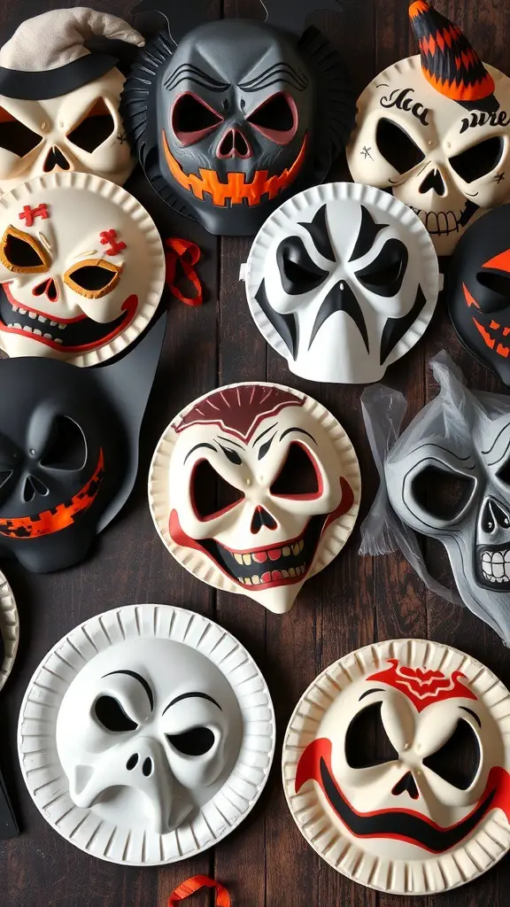 A collection of Halloween masks made from paper plates, featuring various spooky designs.