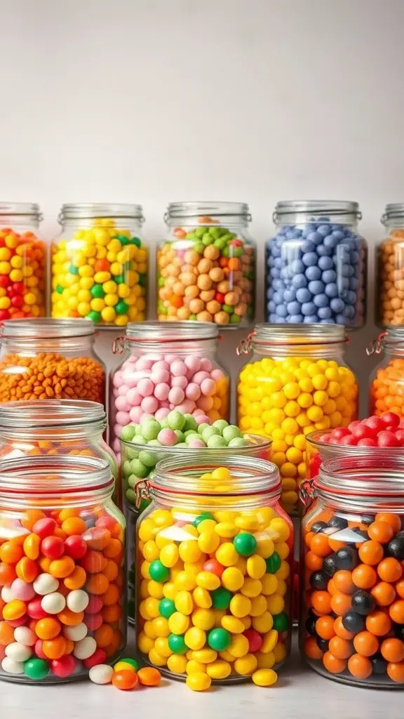 Colorful candy jars filled with various candies organized by color.