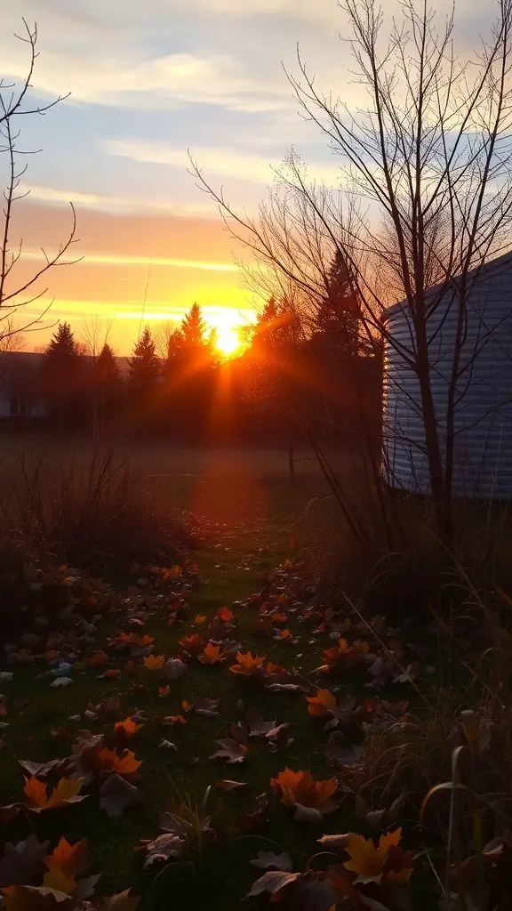 21+ Cozy Fall Mood Board Ideas for the Ultimate Autumn Vibe 18 A beautiful sunset with orange and yellow hues, trees silhouetted against the sky, and fallen leaves on the ground.