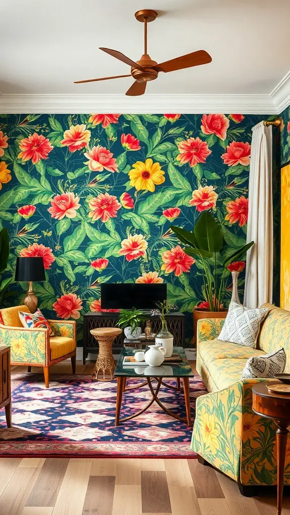 19+ Stunning Vintage Maximalism Decor Ideas to Transform Your Space 11 A living room featuring bold floral wallpaper, yellow patterned chairs, and a colorful rug, showcasing maximalism.