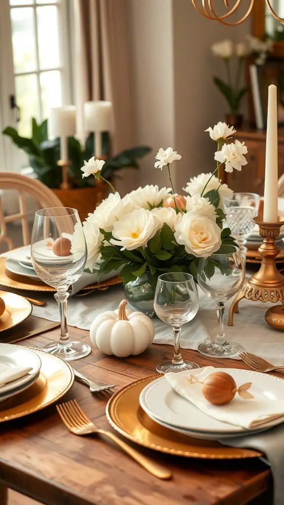 A Thanksgiving table setting featuring gold accents, white flowers, and rustic elements.