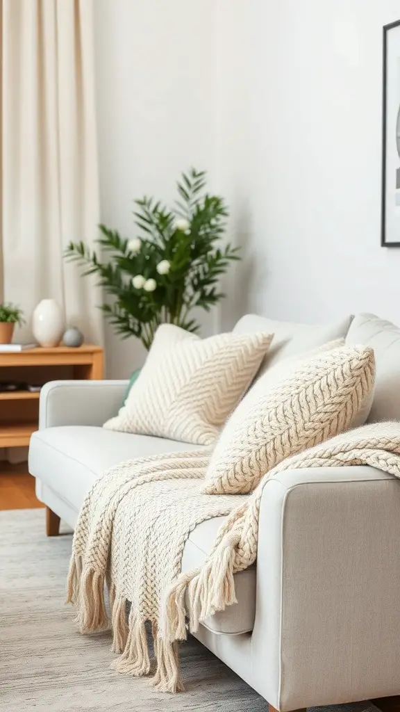 27+ Stunning Ideas for a Neutral and Blue Living Room Decor 10 A cozy living room featuring a light-colored sofa with chunky knit pillows and a throw blanket, complemented by a green plant and soft curtains.